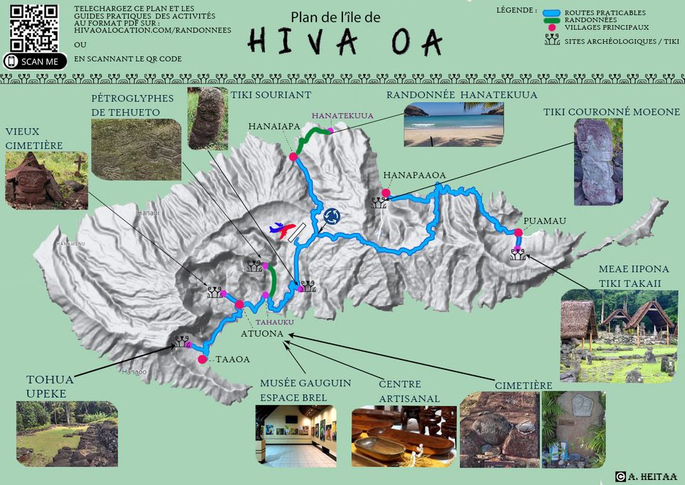 Plan / carte de l'île de Hiva Oa et ses différents sites touristiques